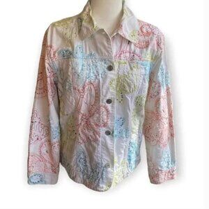 Chico’s Womens White Bomber Jacket with Embroidery SZ 1 or M